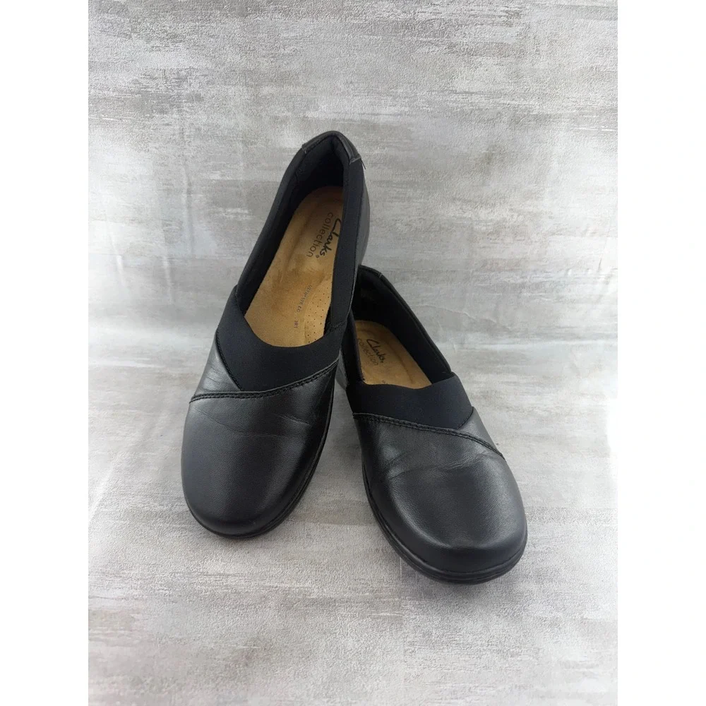 Clarks Collection Women Black Leather Slip On Loafers Size 8.5M 261741864060